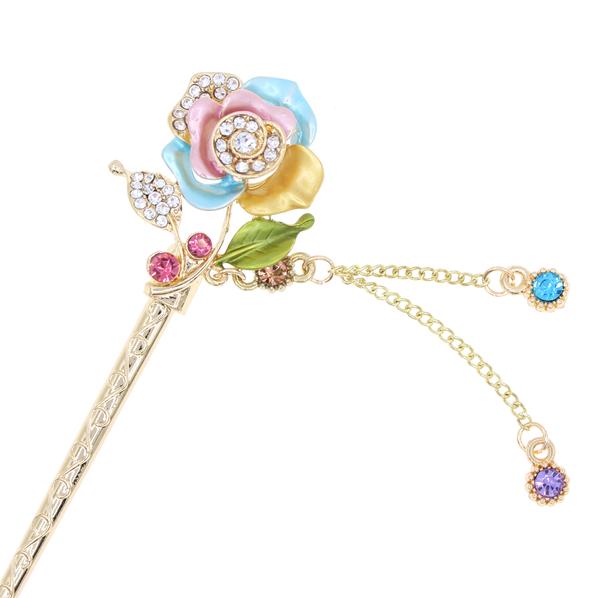 Gold Finish Multi-colored Rose Hair Stick with Rhinestones and Tassels