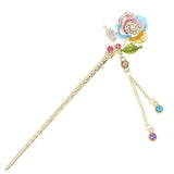 Gold Finish Colored Rose Hair Stick with Rhinestones and Tassels