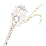  Gold Finish Hair Stick with Mother-of-Pearl Flower Rhinestones Glass Pearls and Tassels