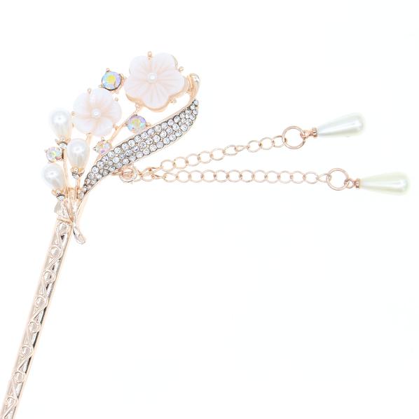 White Shell Flower w/ Pearl Rhinestone Gold Finish Bridal Hair Stick w Tassels