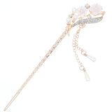 White Shell Flower with Pearl & Rhinestone Gold Finish Bridal Hair Stick w/ Tassels