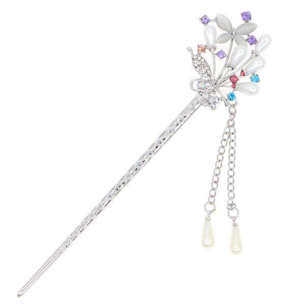 Silver Finish Rhinestone and Glass Pearl Floral Hair Stick with Tassels