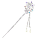 Silver Finish Rhinestone and Glass Pearl Floral Hair Stick with Tassels
