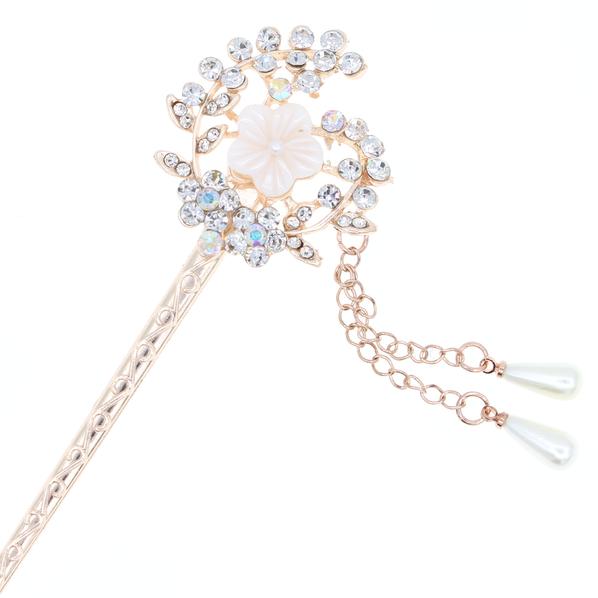 Flower Wreath Gold Finish Hair Stick with Mother-of-Pearl Rhinestones and Glass Pearl Tassels