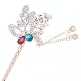 Gold Finish Rhinestone Butterflies Hair Stick with Tassels Multi-colored