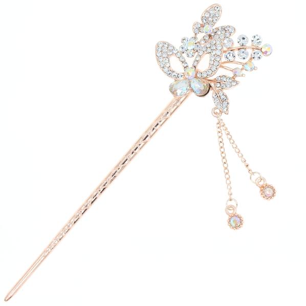 Gold Finish Rhinestone Butterflies Hair Stick with Tassels Clear