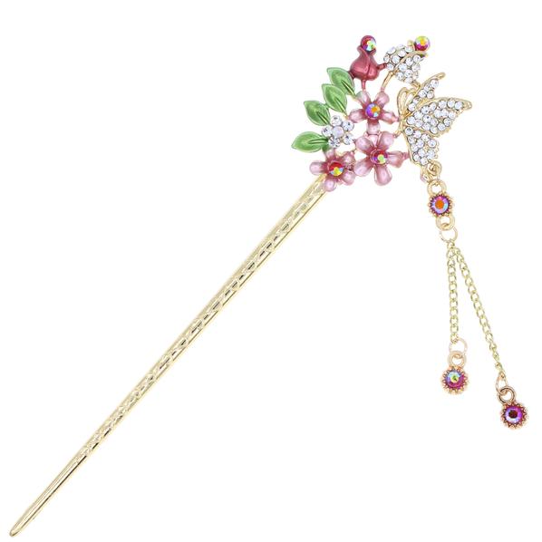 Gold Finish Lilac Colored Flowers and Rhinestone Butterfly Hair Stick w/ Tassels