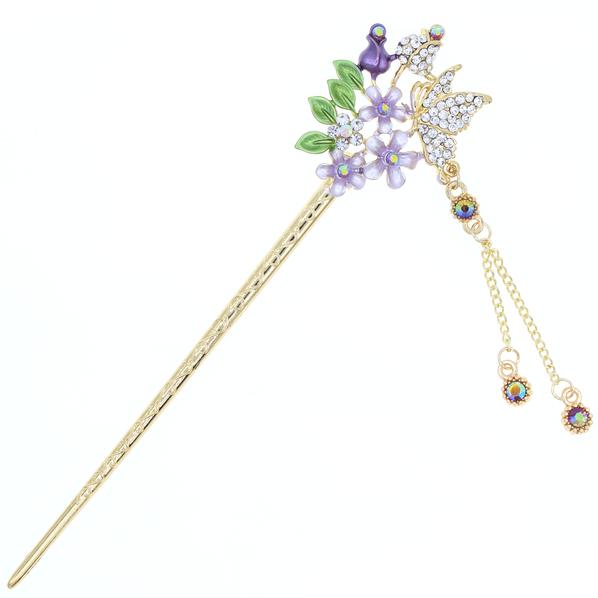 Gold Finish Colored Flowers and Rhinestone Butterfly Hair Stick with Tassels