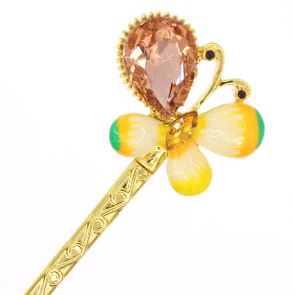 Gold Finish Enamel Butterfly Hair Stick with Rhinestones Pink
