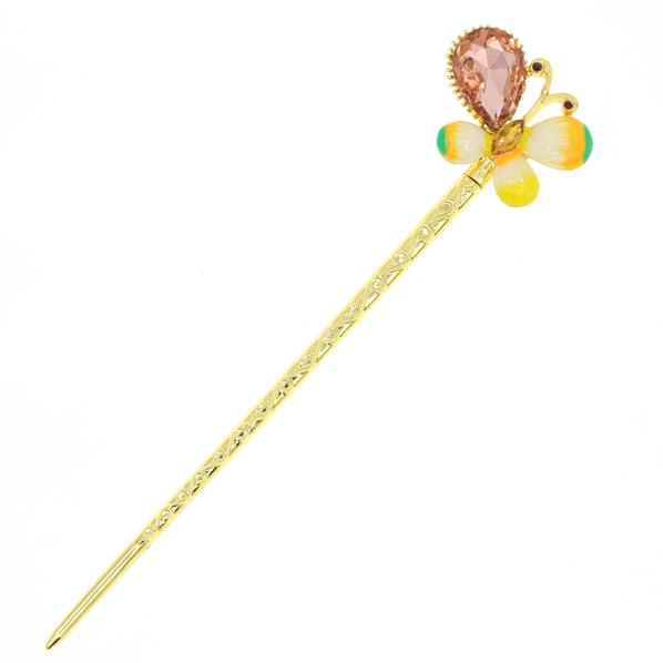 Gold Finish Enamel Butterfly Hair Stick with Rhinestones Green
