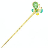 Gold Finish Enamel Butterfly Hair Stick with Rhinestones Champagne