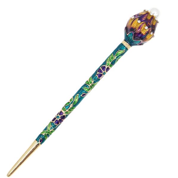 Red Enamel Cloisonne Hair Stick with Rhinestones and Glass Pearl Lotus Bud