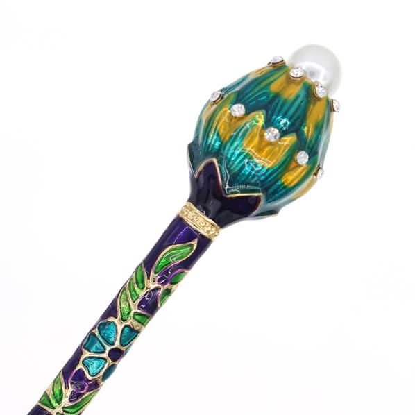 Enamel Cloisonne Hair Stick with Rhinestones and Glass Pearl Lotus Bud