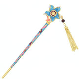 Enamel Cloisonne Floral Hair Stick with Rhinestones and Tassels