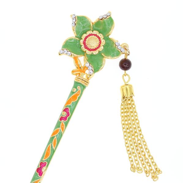 Green Enamel Cloisonne Floral Hair Stick with Rhinestones and Tassels