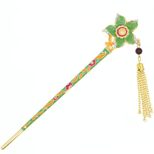 Enamel Cloisonne Floral Hair Stick with Rhinestones and Tassels