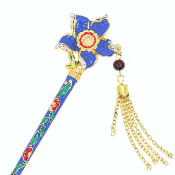 Blue Enamel Cloisonne Floral Hair Stick with Rhinestones and Tassels