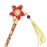 Red Cloisonne Floral Hair Stick with Rhinestones and Tassels