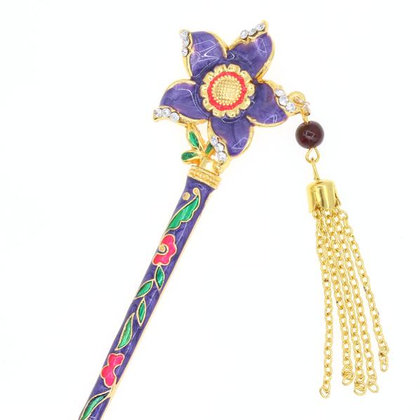 Lilac Cloisonne Floral Hair Stick with Rhinestones and Tassels