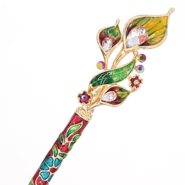 Red Enamel Cloisonne Calla Lily Hair Stick with Rhinestones