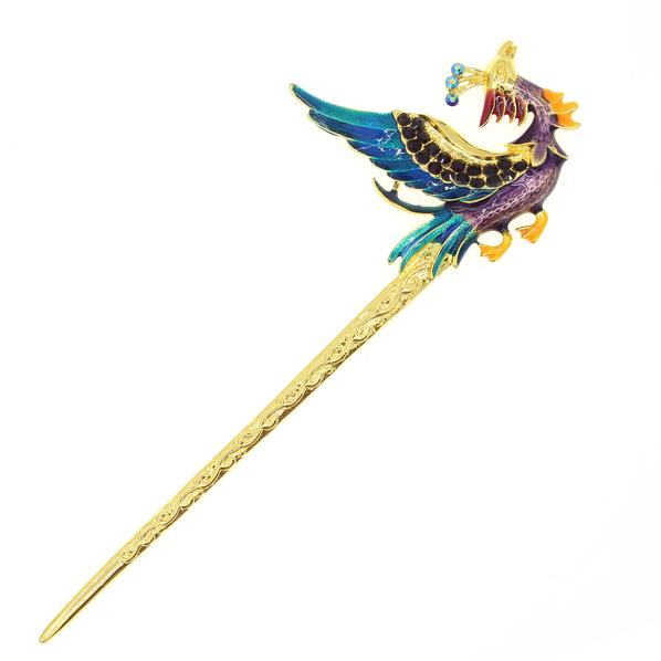 Gold Finish Turquoise Enamel Phoenix Hair Stick with Rhinestones