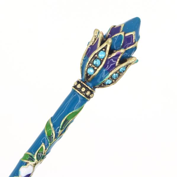 Cloisonne Enamel Blue Hair Stick Lotus Bud with Rhinestones