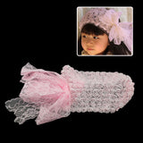 Girls Wide Rosette Stretch Hairband with Lace Bow Pink