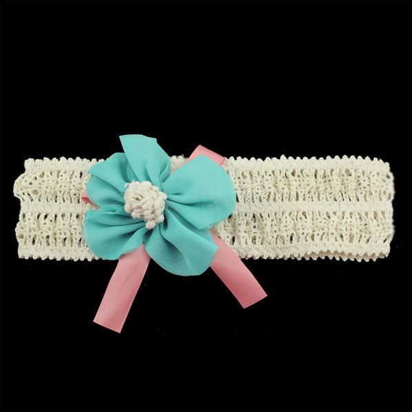 Girls Crochet Stretch Headband with Bow and Flower Blue
