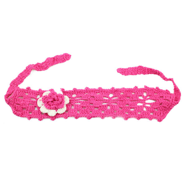 Girls Crochet Tie-up Headband with Flower Red