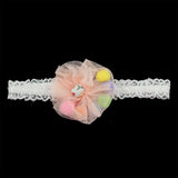 Girls White Lace Stretch  Headband with Mesh Flower and Colorful Beads Peach