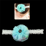 Girls White Lace Stretch  Headband with Mesh Flower and Colorful Beads Blue