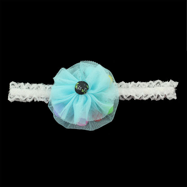 Girls White Lace Stretch  Headband with Mesh Flower and Colorful Beads