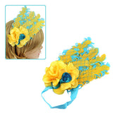 Girls Yellow Blue Feather with Flower & Sequined Bow Stretch Hairband