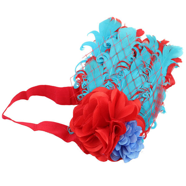 Girls Red Blue Feather with Flowers Stretch Hairband