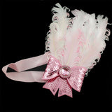 Girls Pink White Feather w/ Sequined Bow Stretch Hairband