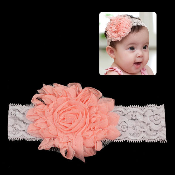 Girls Stretch Lace Headband with Large Flat Flower Peach