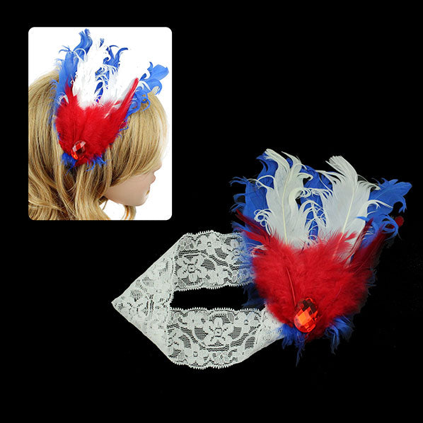 Girl's White Lace Stretch 4th of July Patriotic Headband with Red White Blue Feather