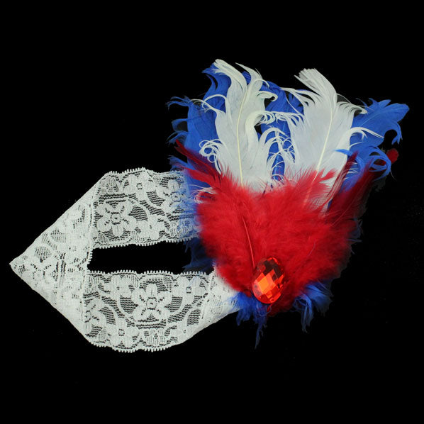 Girl's White Lace Stretch 4th of July Patriotic Headband Red White Blue Feather