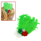 Girl's White Lace Stretch Headband w/ Green Feather & Flowers