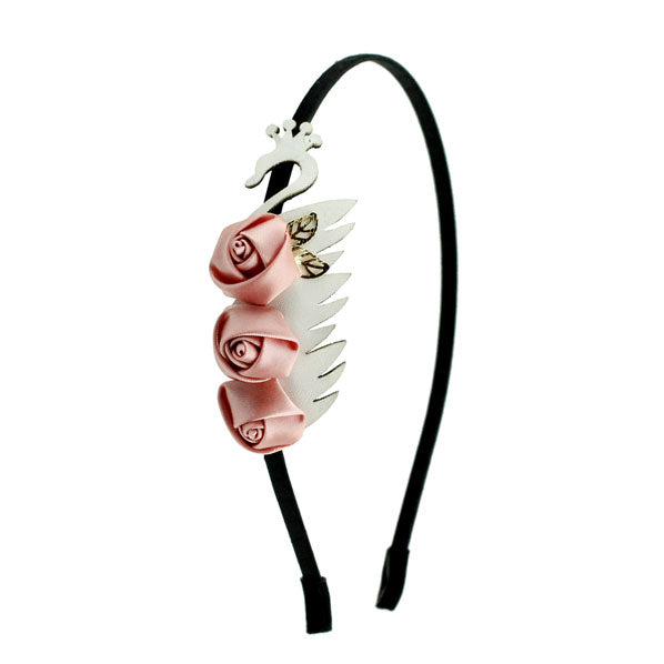 White Leatherette Swan w/ Satin Roses Hairband Peach