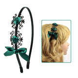 Green Satin Roses &  Bow w/ Black Leatherette Pattern Hairband
