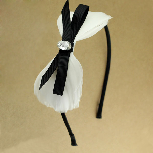Black Bow Over White Feather Hairband