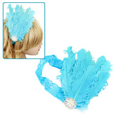 Girl's Blue Stretch Headbandw/ Feather & Pearl Rhinestone Flower