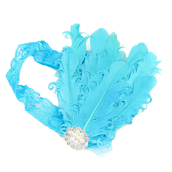 Girl's Blue Stretch Headbandw/ Feather & Pearl Rhinestone Flower