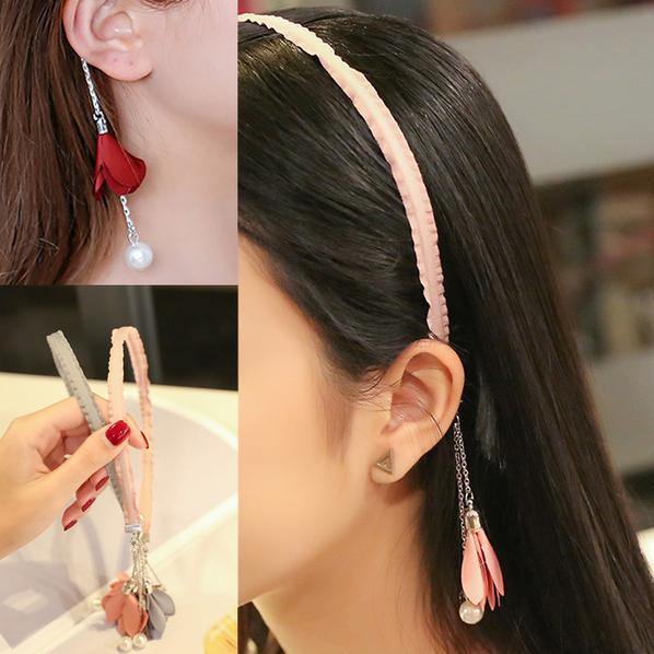 Fabric Wrapped Hair Band Headband with Earring-like Floral Tassels Pink
