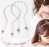 Fabric Wrapped Hair Band Headband with Glass Pearls Rhinestones and Earring-like Tassels