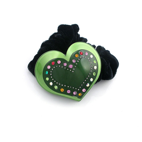 Green Acrylic Heart Velvet Ponytail Holder with Czech Crystals