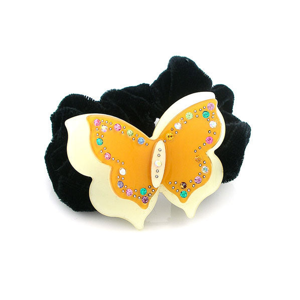 Yellow Acrylic Butterfly Velvet Ponytail Holder with Czech Crystals