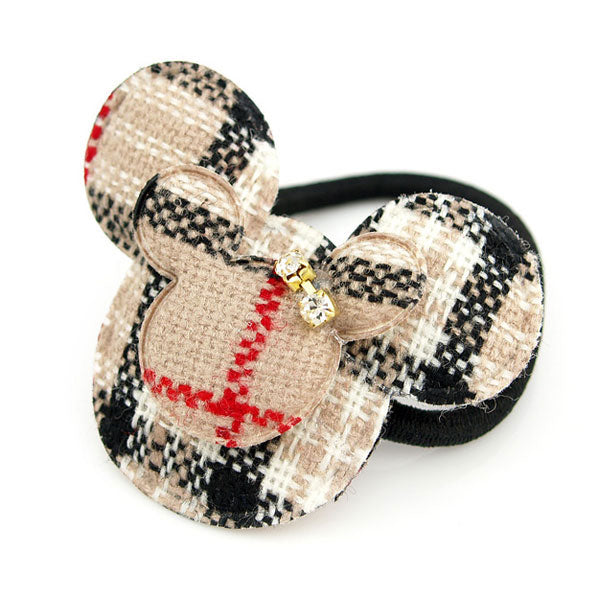Grid Pattern Mickey Ponytail Holder Cream