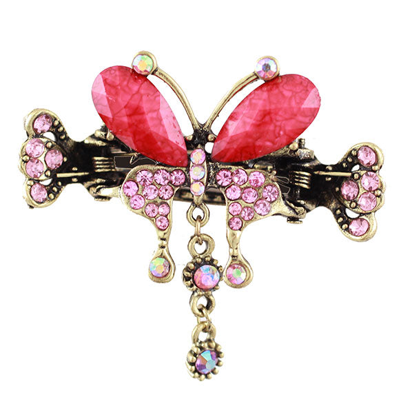 Antique Brass Finish Rhinestone Butterfly Mini Claw w/ Tassels Pink